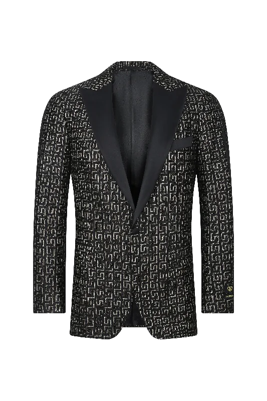 Men's tailored tuxedo jacket for wedding evening -Regal Noir Patterned Blazer