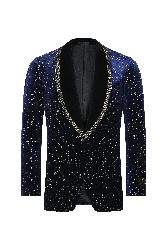 Men's modern tuxedo jacket with satin collar for office -Royal Blue Velvet Blazer with Silver Accents