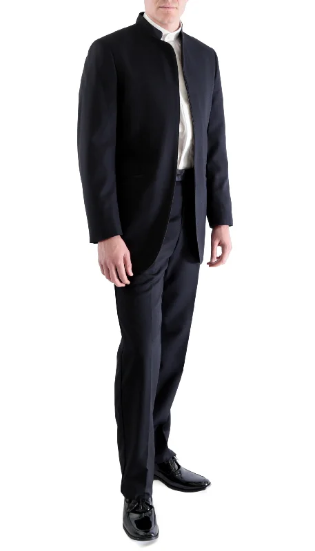 Men's modern tuxedo jacket for wedding events -Ferrecci MIRAGE Mandarin Collar 2pc Tuxedo - Black