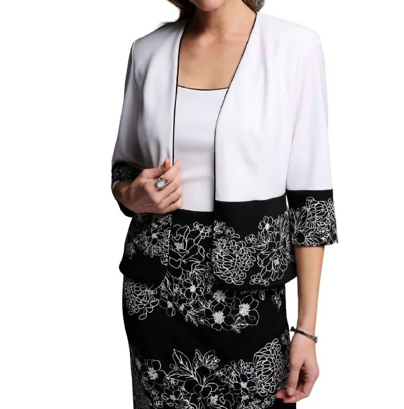 Best tuxedo for corporate office event -Floral Collared Blazer In White,black Trim