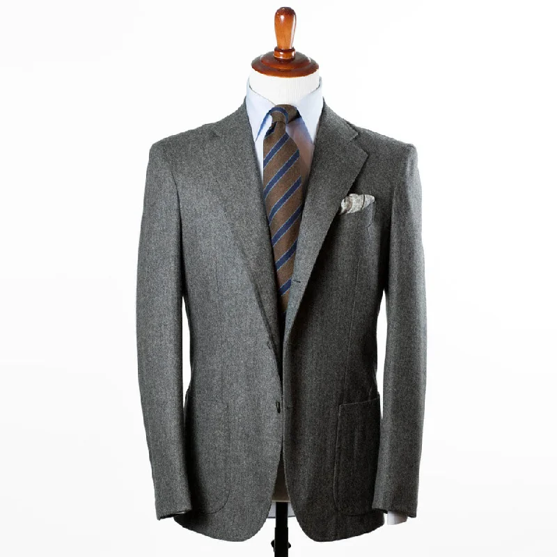 Men's luxury tuxedo jacket with satin lapels -Fox Bros grey herringbone flannel single breasted suit, 13/14oz wool