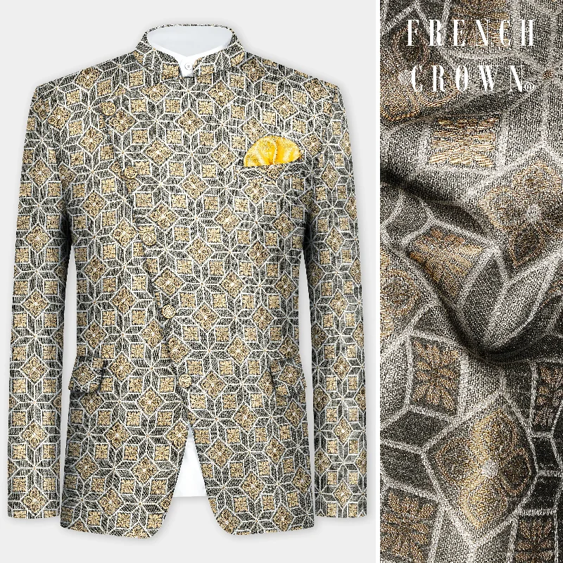 Best tuxedo for business dinner events -Friar Gray and Pavlova Brown Geometric Pattern Jacquard Weave Cross Placket Bandhgala Jodhpuri