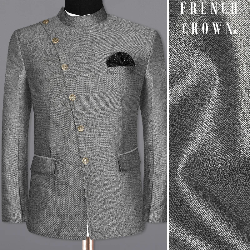 Men's formal tuxedo with satin collar for office event -Friar Gray Cross Placket Bandhgala Designer Blazer