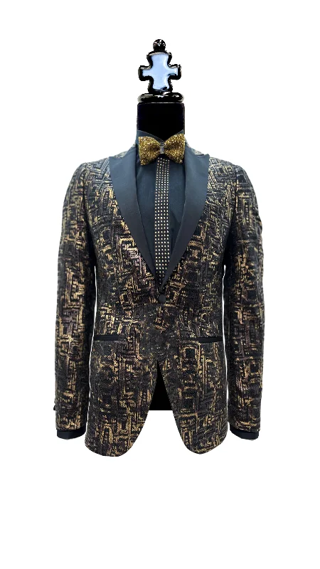 Men's tailored tuxedo for formal wedding event -Exquisite Gold Square Pattern Black Tuxedo with Silk Lapel