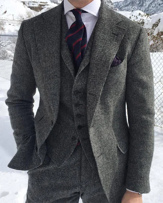 Men's slim fit tuxedo for wedding reception -Grey Wool Tweed Men Suits For Winter ,Wedding Formal Sports Suits Jacket  3 Piece Herringbone Man Outfits Set (Jacket +Waistcoat+ Pants)CB1021