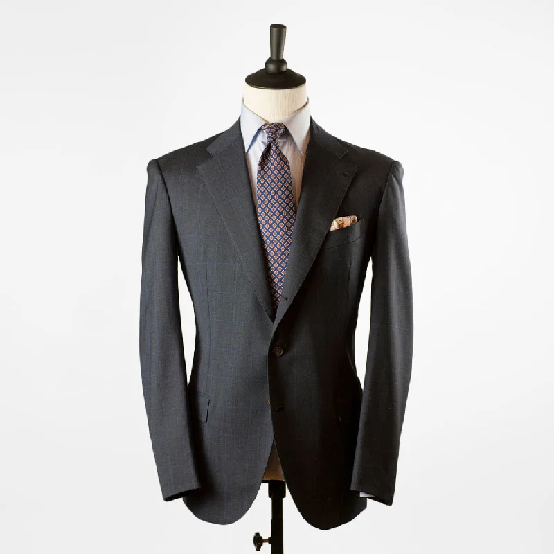 Men's luxury tuxedo for corporate meeting -Harrisons Mystique grey nailhead single breasted suit with blue windowpane, 8/9oz wool