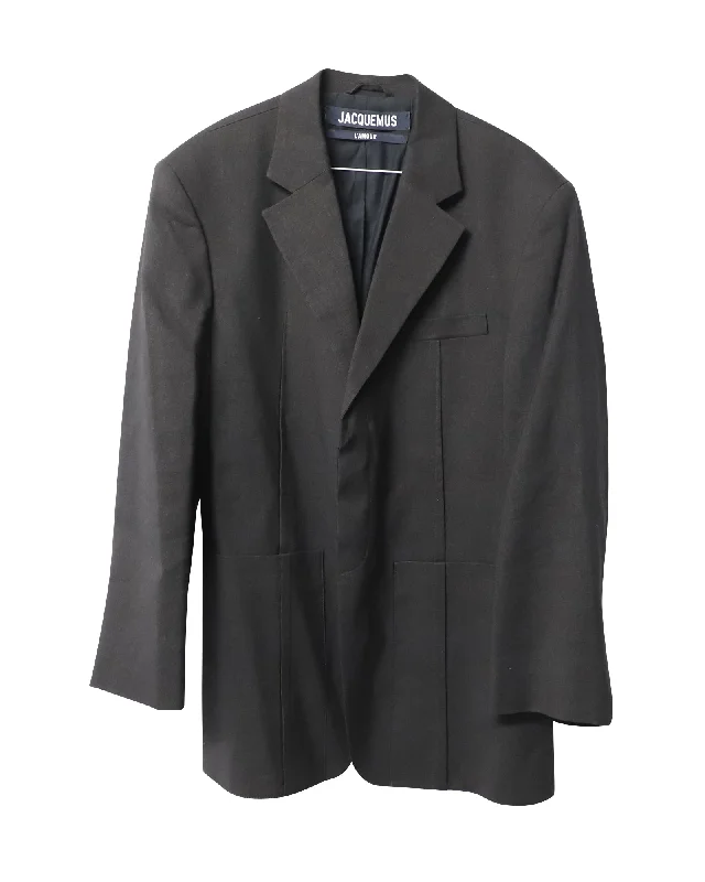 Men's slim fit tuxedo with satin finish for wedding -Jacquemus La Veste D'Homme Blazer in Black Hemp