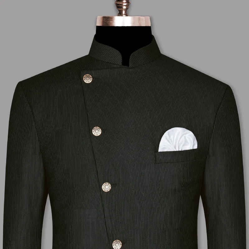 Men's designer tuxedo for formal event -Jade Black Pinstriped Cross Placket Bandhgala/Mandarin Wool-Silk blend Blazer