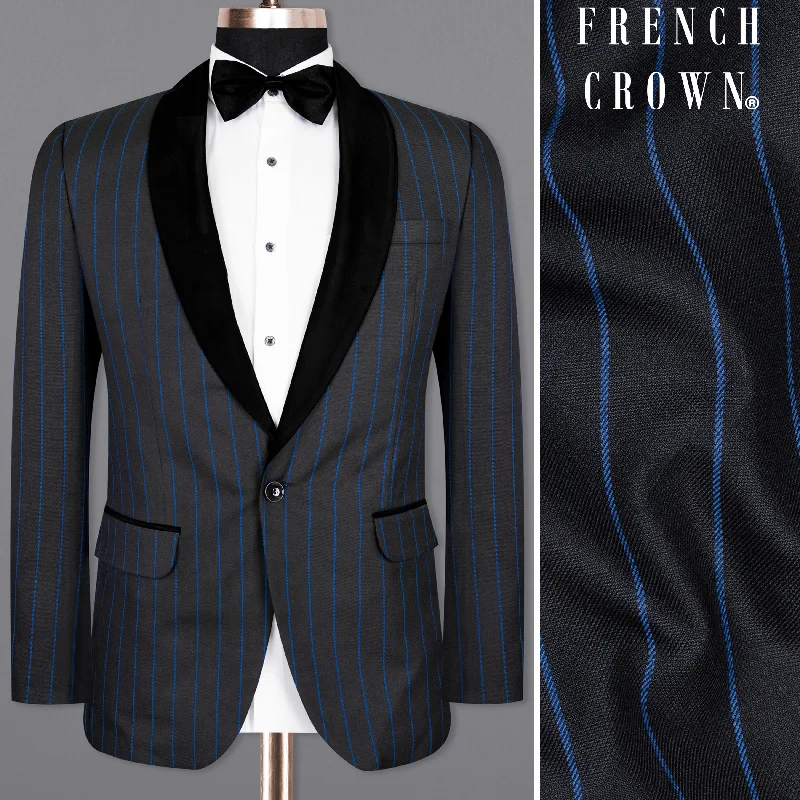 Men's modern tuxedo jacket for wedding events -Jade Black Retro Striped Wool Rich Tuxedo Blazer