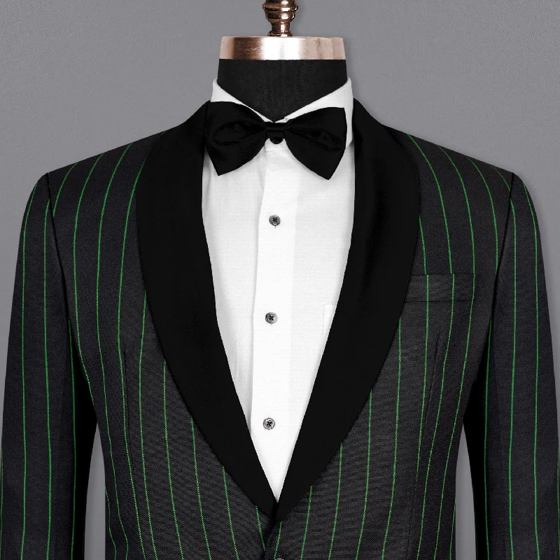 Men's wool tuxedo jacket for black tie events -Jade Black Striped Woolrich Tuxedo Blazer