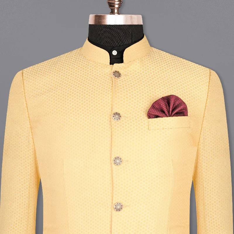 Men's formal tuxedo for business lunch event -Marzipan Yellow Textured Bandhgala Designer Blazer