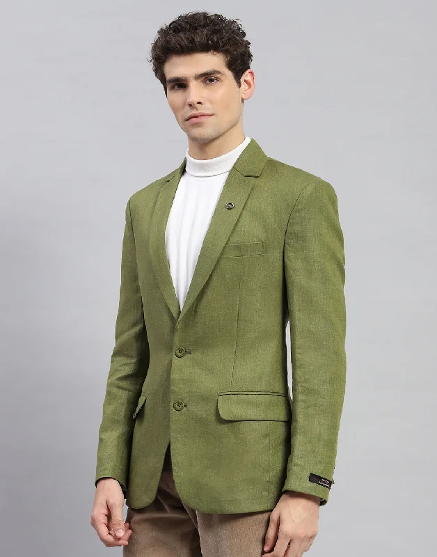 Men's slim fit tuxedo jacket for office dinner party -Men Olive Solid Notch Lapel Collar Full Sleeve Blazer