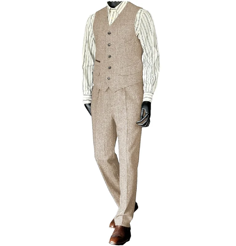 Men's tailored tuxedo for formal wedding event -Men's Flat Herringbone v Neck 2 Pieces（Waistcoat+Pants）