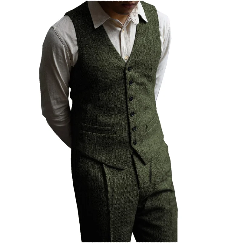 Men's formal tuxedo for office networking event -Men‘s Formal Herringbone v Neck 2 Pieces （Waistcoat+Pants）