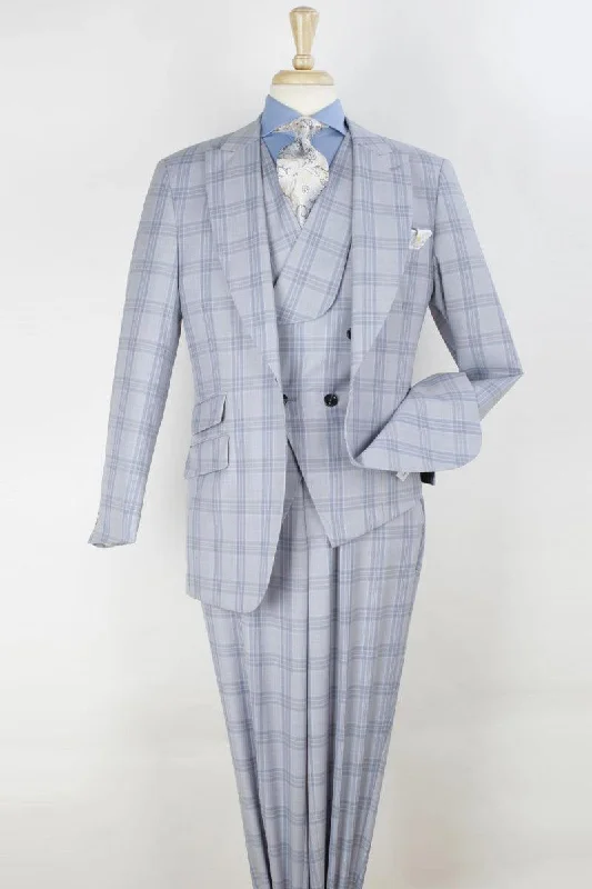 Men's luxury tuxedo jacket for evening reception -"Light Grey Windowpane Apollo King Merino Wool Vested Suit"