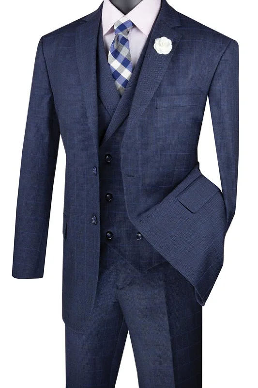 Men's tailored tuxedo for formal wedding event -Vinci Men's Blue Plaid Suit: 2-Btn Double-Breast Vest