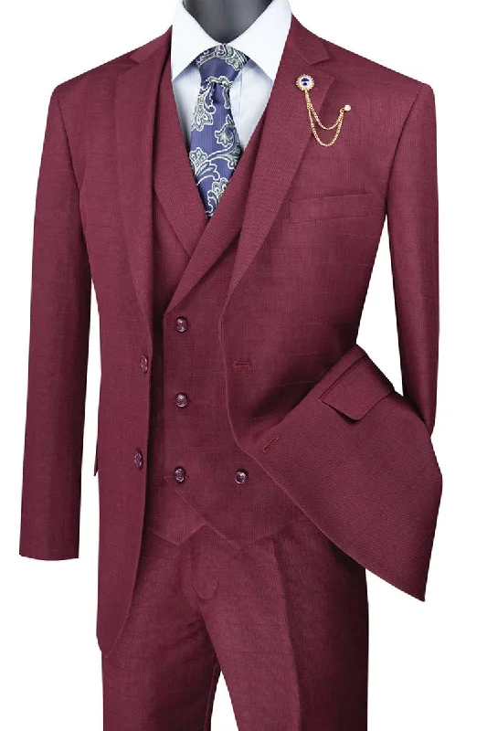 Men's slim fit tuxedo with satin finish for special occasion -Vinci Men's Plaid 2-Button Burgundy Double-Breasted Vest Suit