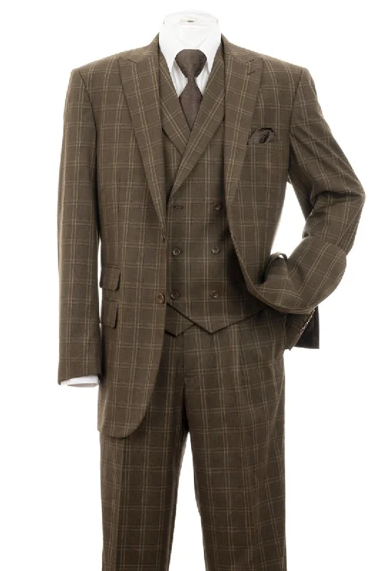 Men's luxury tuxedo jacket with satin lapels -Fortino Landi Men's Brown Windopane Plaid 2Btn Dbl Breasted Vest Suit