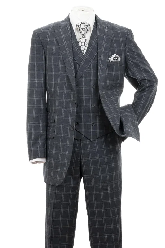 Men's premium tuxedo for special business occasion -"Grey Windopane Plaid 2-Btn DB Vest Suit by Fortino Landi”