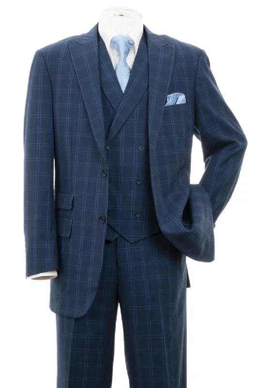 Men's modern wool tuxedo for corporate dinner -"Windopane Plaid Fortino Landi Vest Suit: Stylish 2-Button Double Breasted Navy Men's Apparel"