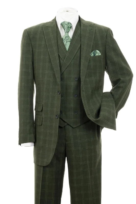 Men's designer tuxedo with satin collar for events -Fortino Landi Men's 2-Button Windopane Plaid DB Vest Suit in Olive