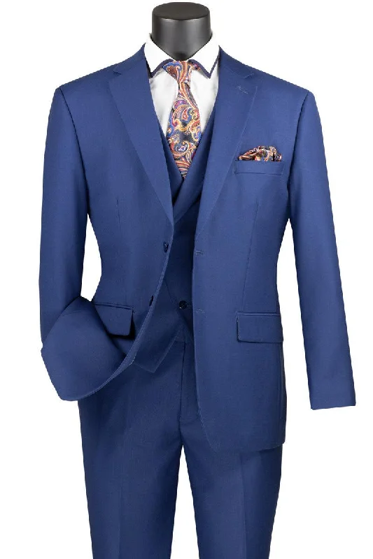 Men's formal tuxedo for office networking event -"Vinci Men's Modern 2-Button Suit & Peak Lapel Vest Set in Blue"