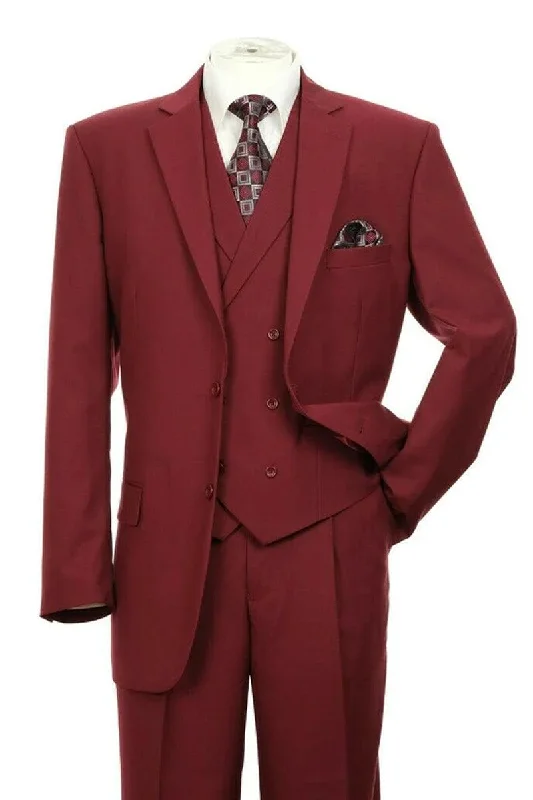 Men's designer tuxedo for wedding guests -Burgundy Double Breasted Vest Suit - Fortino Landi Men's Classic Fit