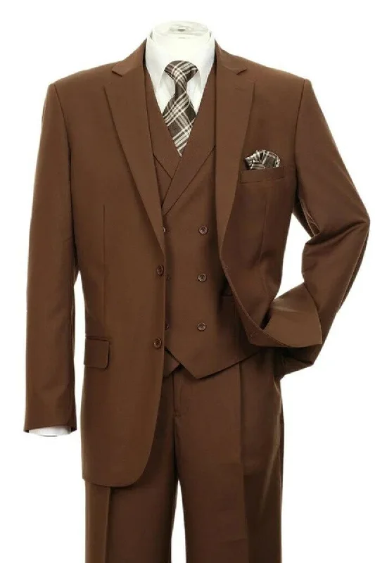 Men's slim fit tuxedo with satin finish for office -"Fortino Landi Brown Double-Breasted Pant Suit: 2-Button Pleats for Stylish Men"