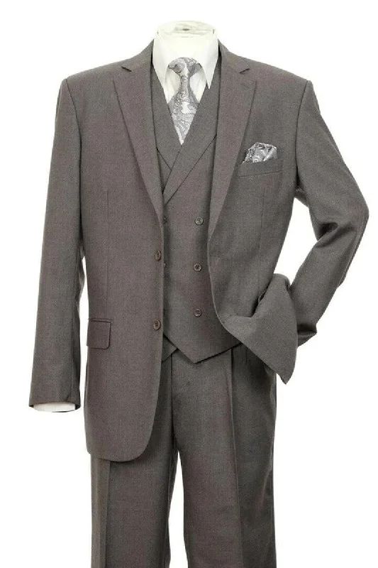 Men's grey wool tuxedo for evening business events -"Fortino Landi Men's Charcoal Grey 2-Button Pleated Suit with Double-Breasted Vest"