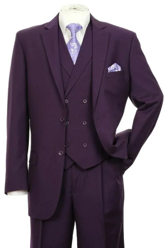 Men's tailored tuxedo for black tie events -“Mens Purple 2-Btn Pleated Pant Suit w/ Double Breasted Vest: Fortino Landi"