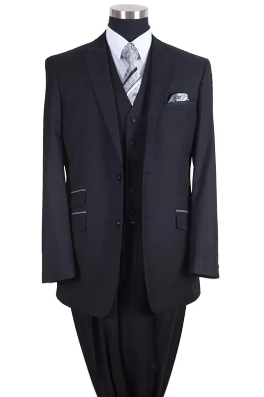 Best tuxedo for business dinner events -Men's Black Peak Lapel Vested 2 Button Suit by Fortino Landi