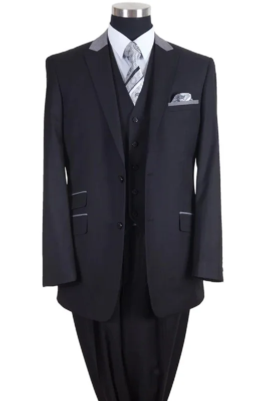 Men's classic grey tuxedo with satin collar -Fortino Landi Men's Classy 2-Button Vested Peaks Suit w/ Gray Contrasting Collar