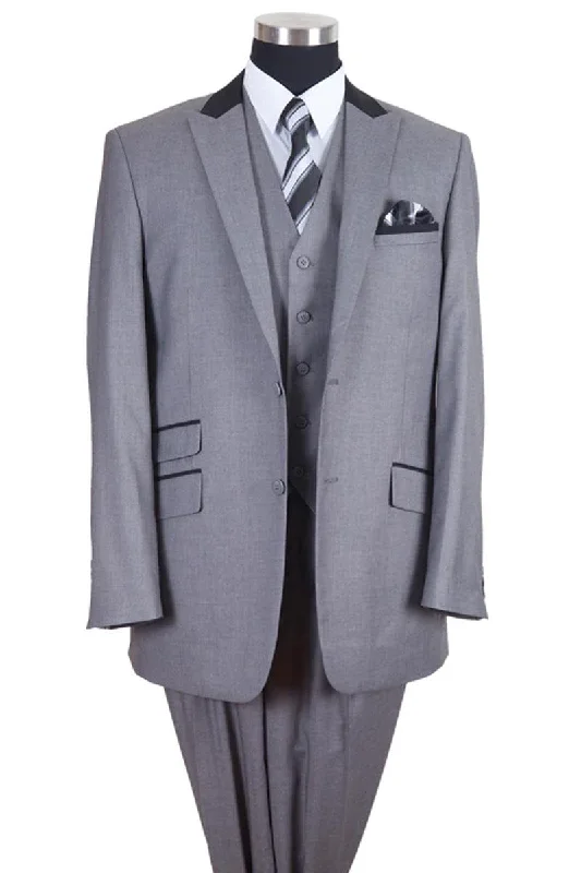 Men's grey tuxedo with satin lapels for corporate event -"Fortino Landi 2-Button Vested Suit with Contrasted Lapel and Collar - Grey/Black"