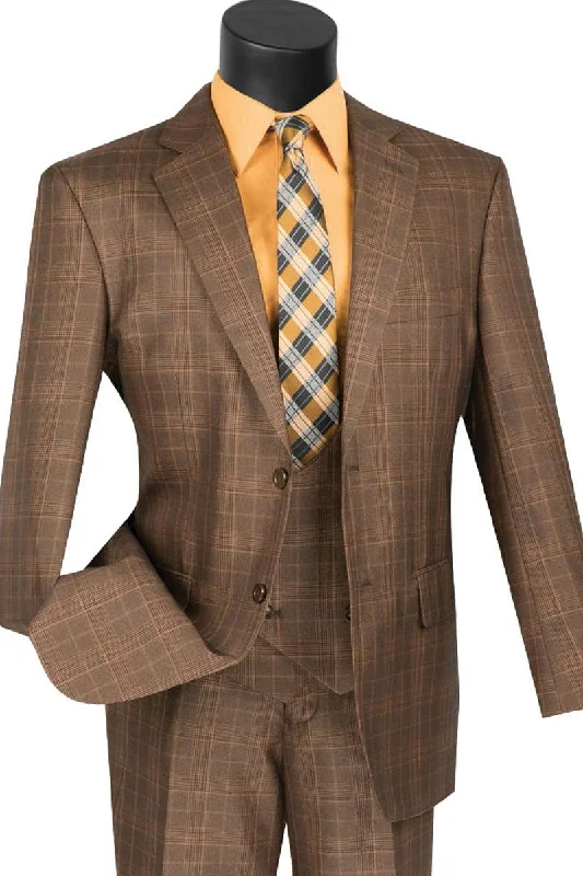 Men's classic tuxedo jacket with satin collar for business -Vinci Brown Plaid 2-Button Suit with Peak Lapels & Windowpane Design.