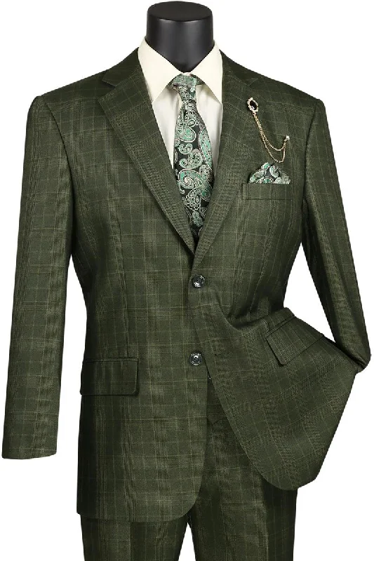 Men's wool tuxedo for corporate meeting -Vinci Men's Plaid 2-Button Windowpane Vested Suit w/Peak Lapel - Olive