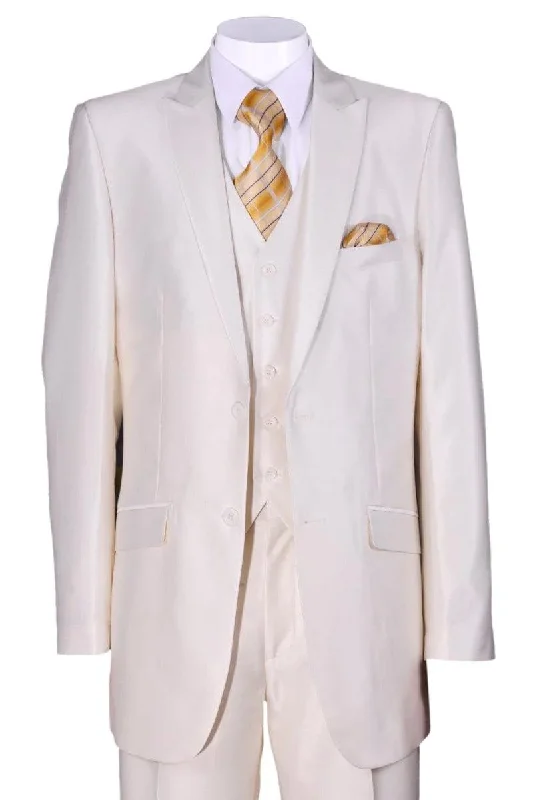 Men's luxury tuxedo for corporate meeting -Fortino Landi Ivory Cream Mens 2-Btn Vested Slim Sharkskin Suit