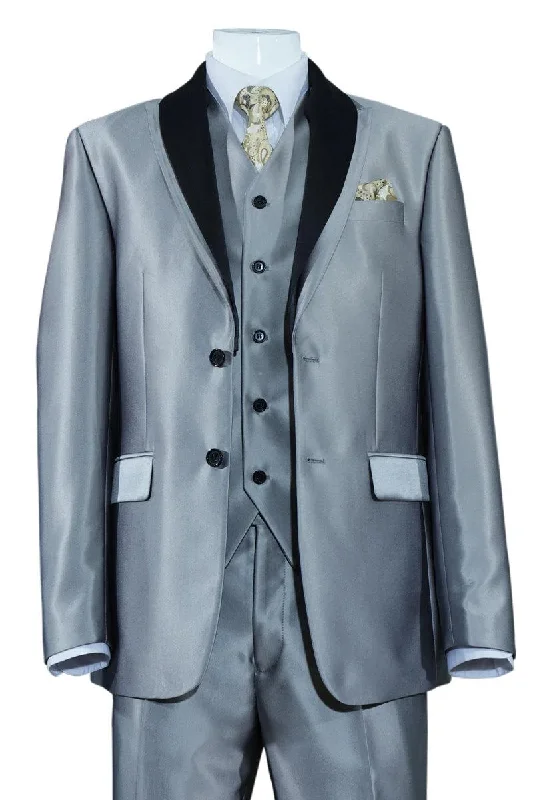 Men's wool tuxedo jacket for wedding reception -Fortino Landi 2-Button Vested Silver Grey Sharkskin Tuxedo Suit - Slim Fit