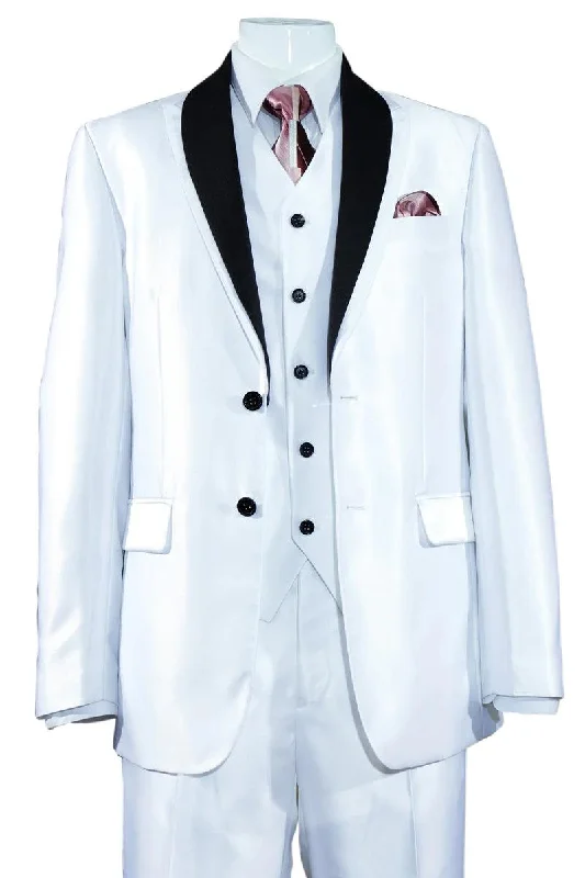 Men's designer tuxedo for office wear -Fortino Landi Men's White Sharkskin Slim Fit 2-Button Tuxedo Suit