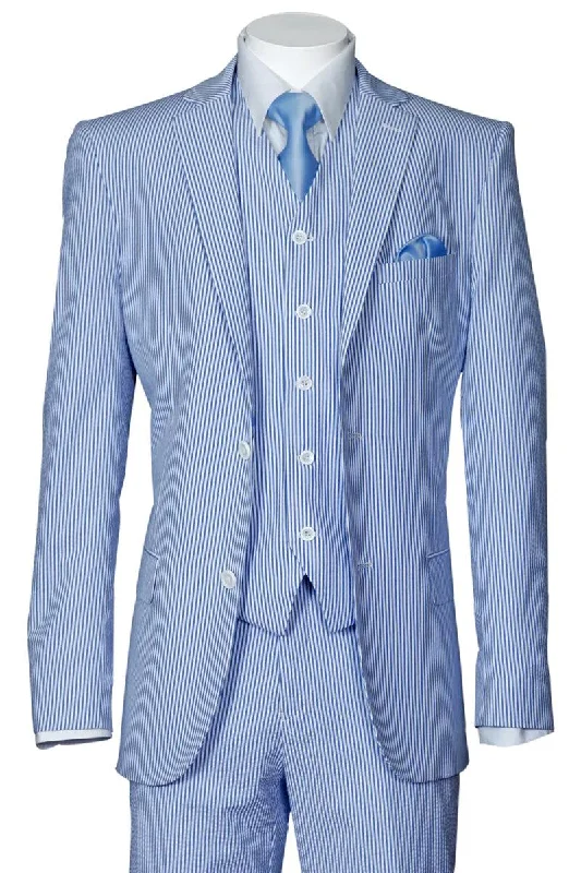 Men's designer tuxedo for formal event -Fortino Landi Seersucker Summer Suit w/Vest - Blue 2-Btn