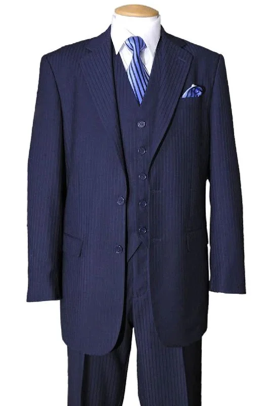 Men's slim fit tuxedo with satin finish for wedding -Men's Fortino Landi 2-Btn Navy Wool-Feel Tonal Pinstripe Suit