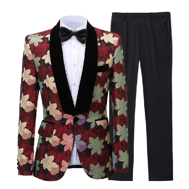 Men's designer tuxedo jacket for wedding guests -Mens 2 Piece Floral Dress Suit One Button Dinner Tuxedo Jacket & Pants