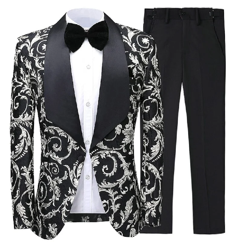 Men's formal tuxedo jacket for black tie office events -Mens 2 Piece Shawl Lapel Floral  Patterned Fit Tuxedo Suit