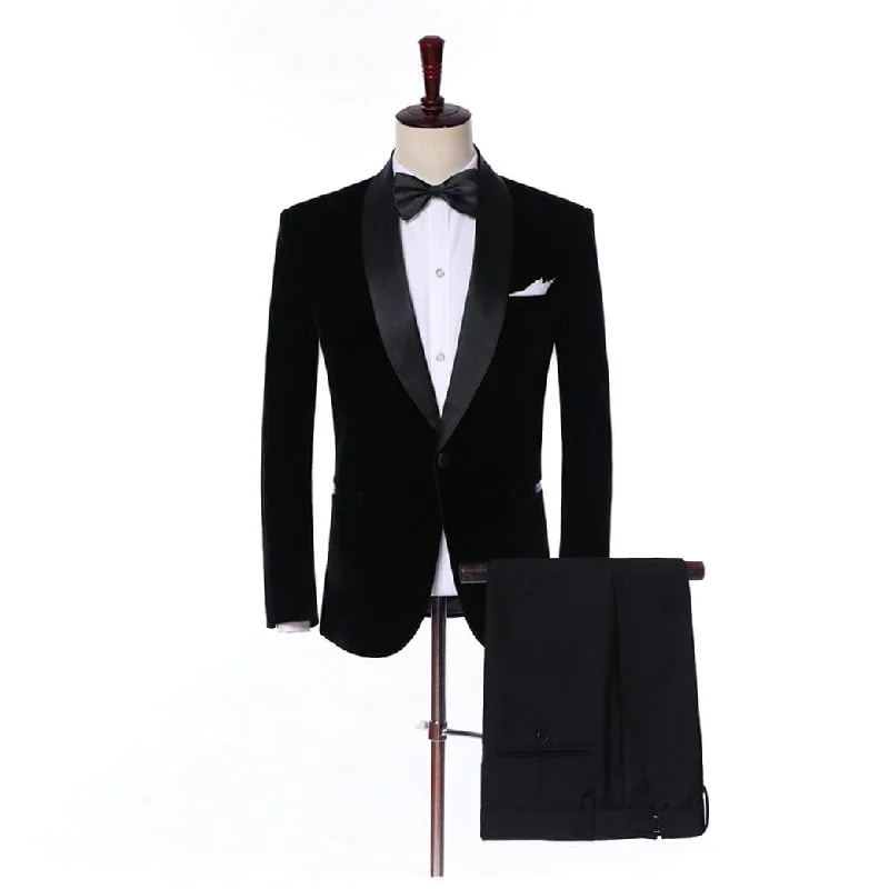 Men's slim fit tuxedo jacket for office wedding event -Mens 2 Piece Velvet Formal Skinny Tuxedo Suit Set Shawl Lapel