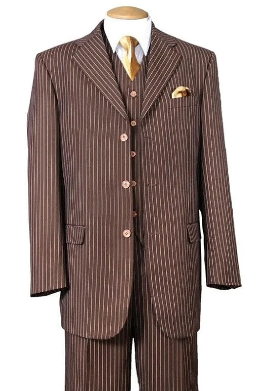 Men's slim fit tuxedo for wedding reception party -Fortino Landi Men's 1920s Gangster 3-Button Vested Suit in Brown Pinstripe