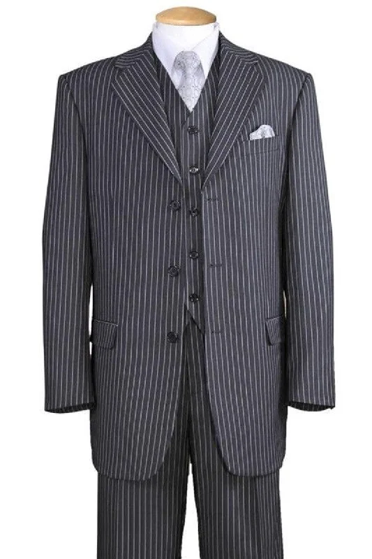 Men's wool tuxedo jacket for office events -Fortino Landi 3-Button Gangster Pinstripe Vested Gray Suit 1920s Style