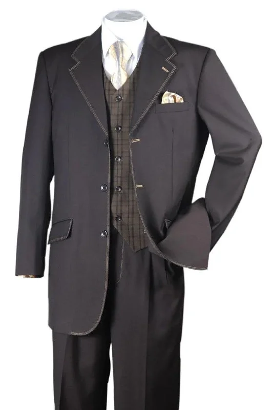 Men's formal tuxedo for wedding gala events -Fortino Landi Mens Brown Semi-Wide Leg Vested Suit, White Stitching