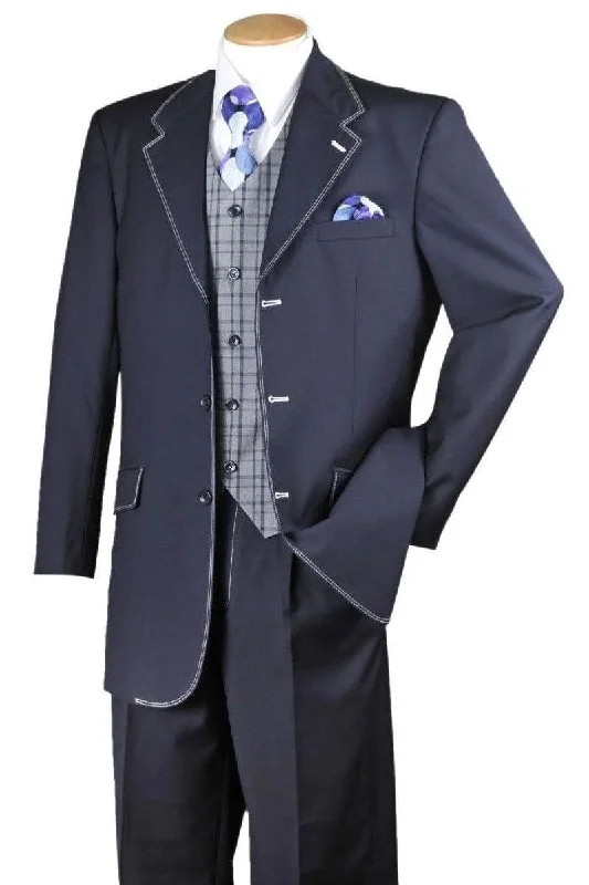 Men's wool tuxedo jacket for corporate gala -Fortino Landi Men's Navy Semi-Wide Vested Suin w/ White Stitch Detail