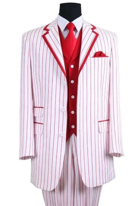 Men's slim fit tuxedo jacket for office wedding event -Fascinating White Vested Suit by Fortino Landi: 3 Btn, Red Pinstripes