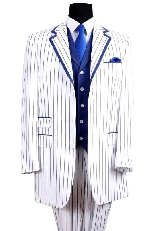 Men's tailored tuxedo for black tie wedding party -Fortino Landi Mens 'White w/ Royal Blue Pinstripe' 3-Btn Vested Suit