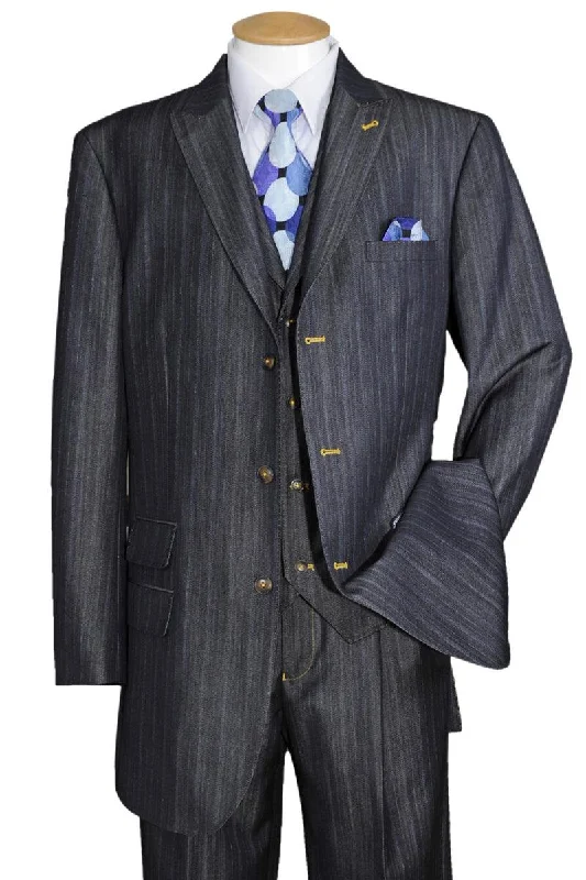 Men's tailored tuxedo jacket for formal event -Fortino Landi Men's Denim 3-Button Vested Suit w/ Peak Lapel - Navy